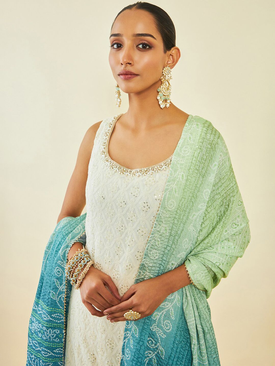 Dhiyona SO Women's Off White & Blue Floral Embroidered Georgette Kurta with Palazzos & Dupatta