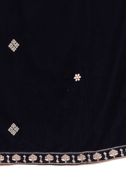Dhiyona VA Women'sNavy Blue Floral Yoke Design Sequinned Velvet Kurta with Trousers & Dupatta