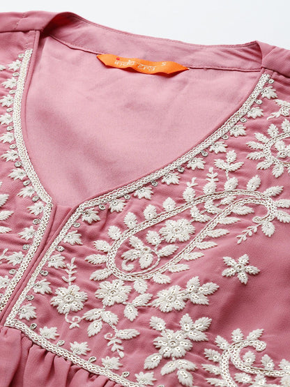 Floral Sequin Embroidered Empire Kurta with Trousers & Dupatta