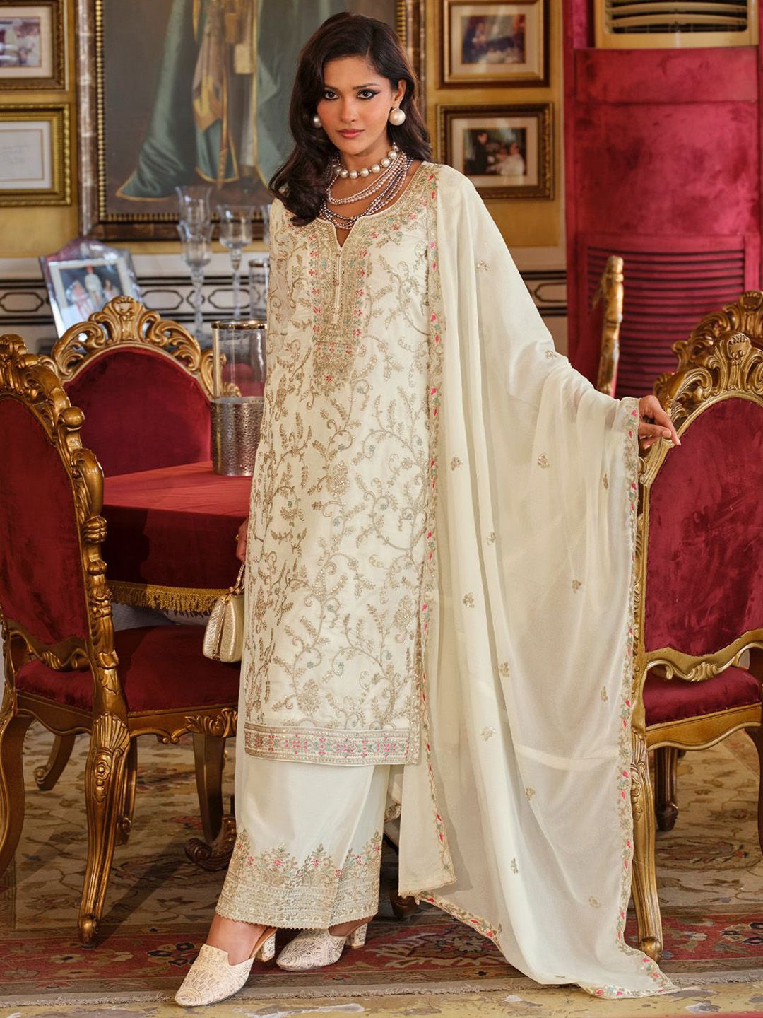 Adults-Women Woven Design Embroidered Kurta with Palazzos & Dupatta
