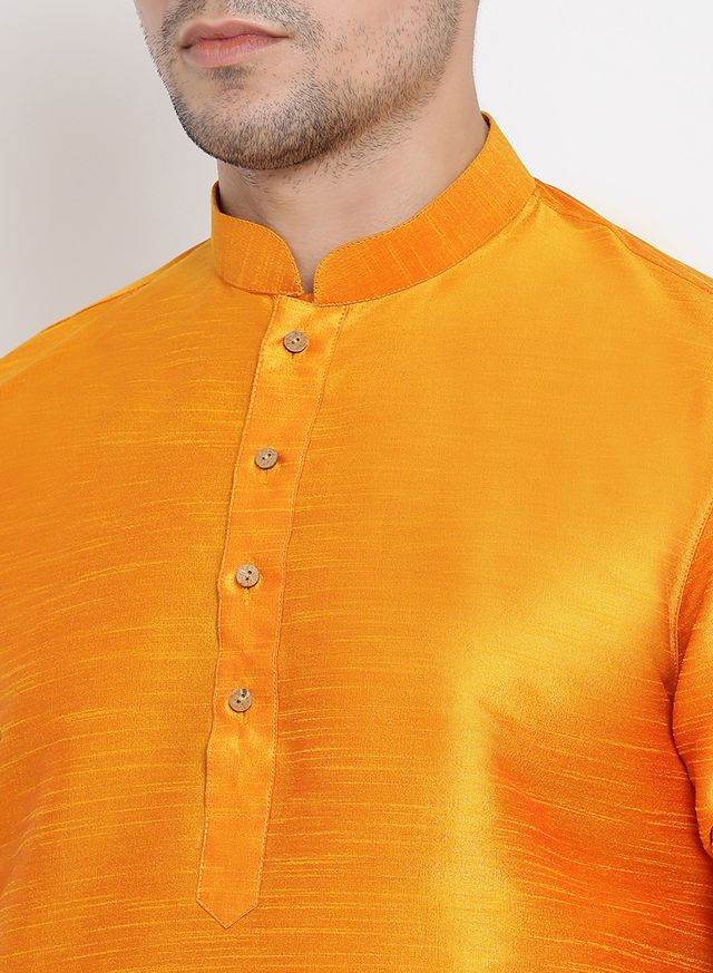 Men's Orange Silk Blend Pathani Kurta and Dhoti Set