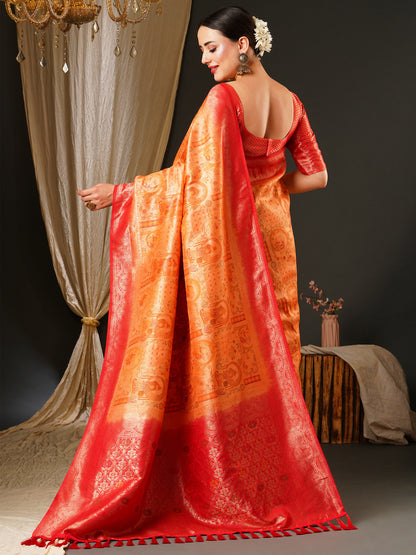 Women's Kanjeevaram Silk Peach Woven Design Celebrity Saree With Blouse Piece