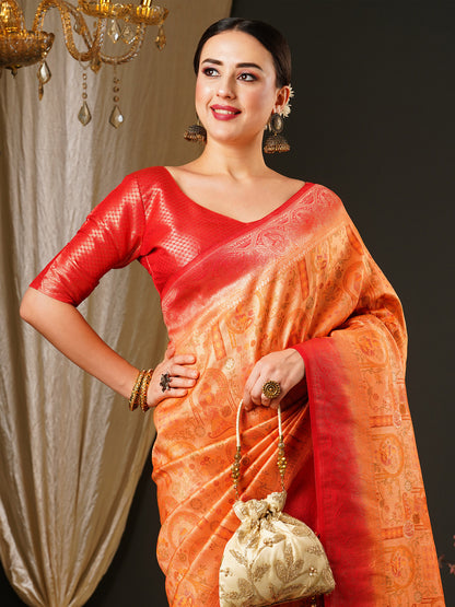 Women's Kanjeevaram Silk Peach Woven Design Celebrity Saree With Blouse Piece