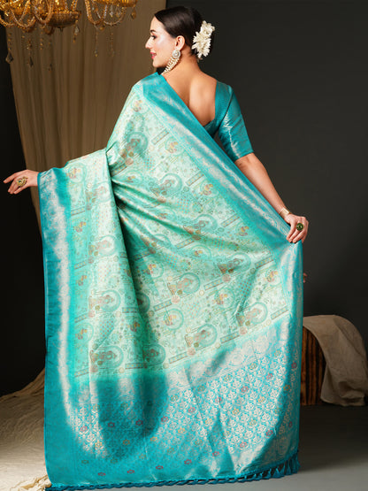 Women's Kanjeevaram Silk Blue Woven Design Celebrity Saree With Blouse Piece