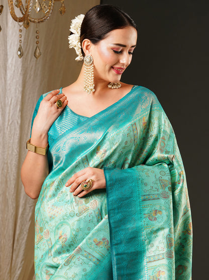 Women's Kanjeevaram Silk Blue Woven Design Celebrity Saree With Blouse Piece