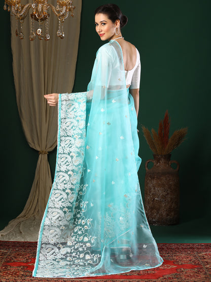 Women's Organza Light Blue Embroidered Designer Saree With Blouse Piece