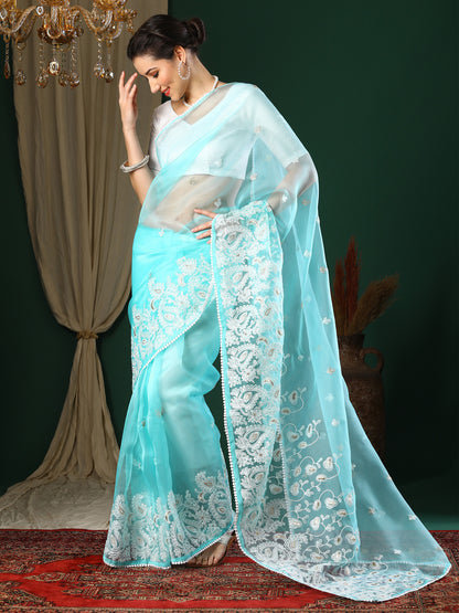 Women's Organza Light Blue Embroidered Designer Saree With Blouse Piece
