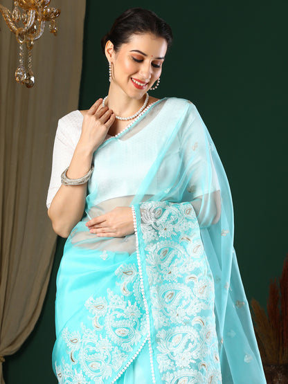 Women's Organza Light Blue Embroidered Designer Saree With Blouse Piece