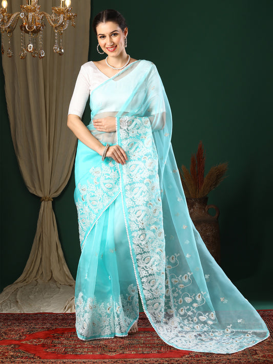 Women's Organza Light Blue Embroidered Designer Saree With Blouse Piece