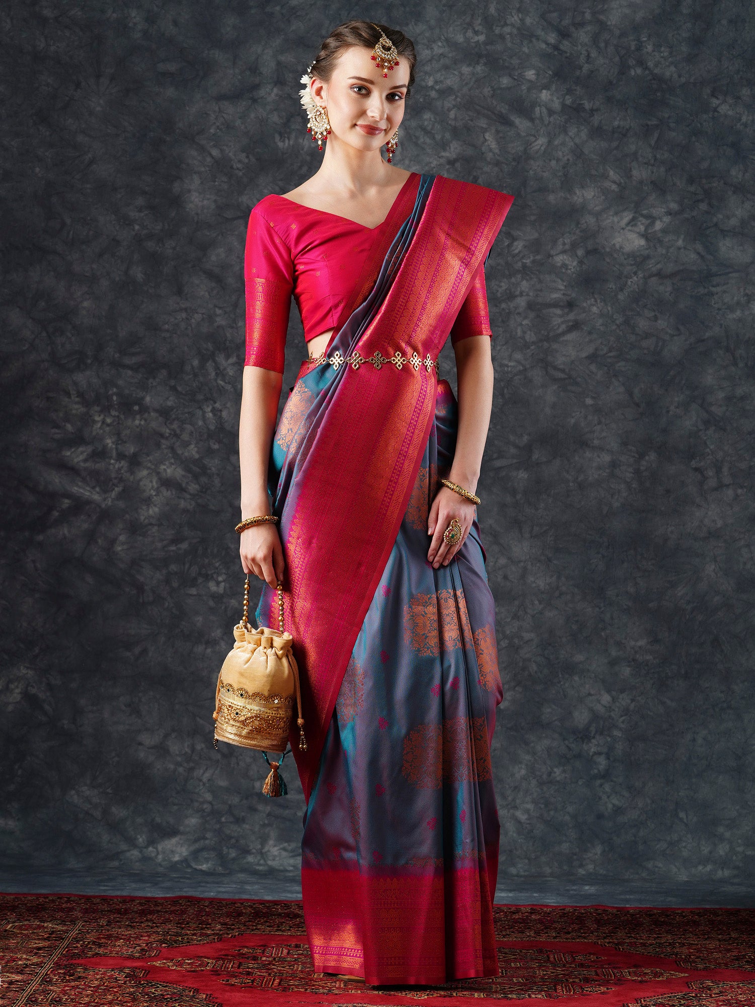 Women's Silk Blend Teal blue Woven Design Designer Saree With Blouse Piece