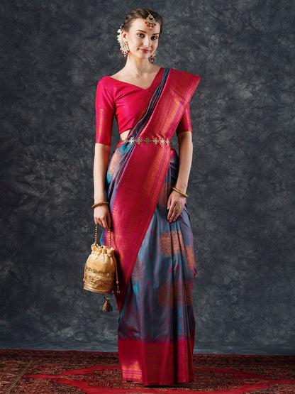 Women's Silk Blend Teal blue Woven Design Designer Saree With Blouse Piece