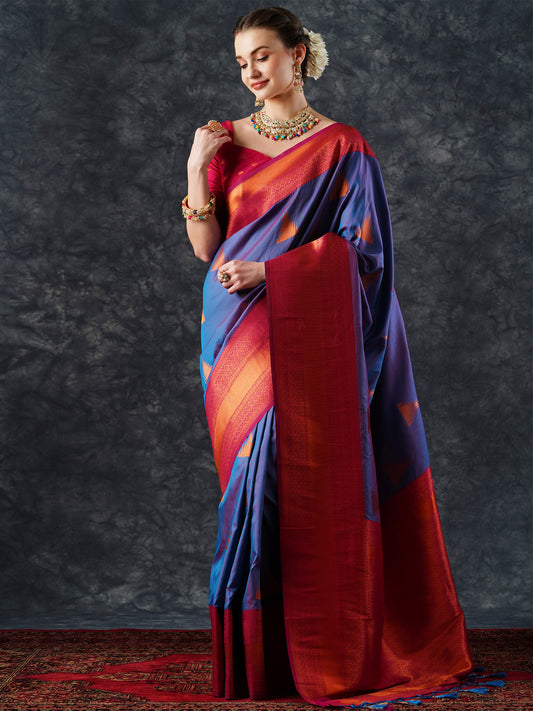 Women's Silk Blend Blue Woven Design Designer Saree With Blouse Piece