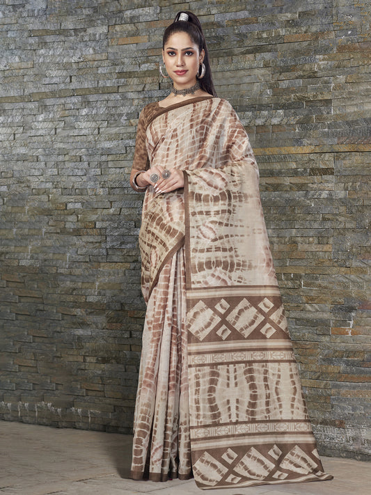 Women's Bhagalpuri Silk Beige Printed Designer Saree With Blouse Piece