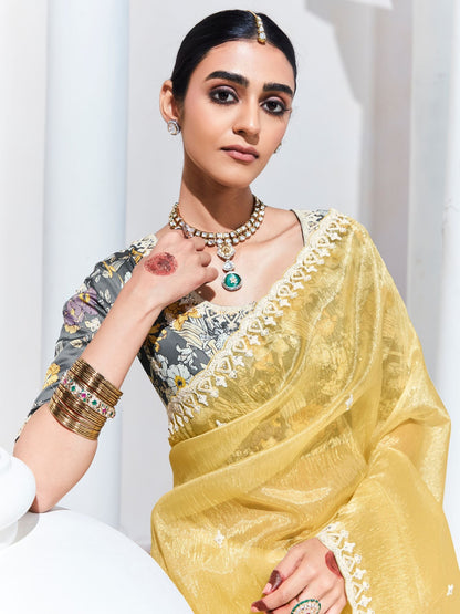 Dhiyona KM Women Graceful Yellow Saree With Floral-Print Blouse “ Radiant Elegance