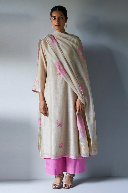 Women's Beige and Pink Woven Viscose Chanderi Kurta Suit Set With Delicate Hand Work Detailing