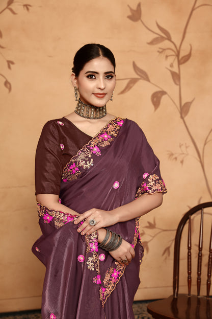 Dhiyona GR Women's Armani Chocolate Brown Jimmi Choo Embroidered Saree
