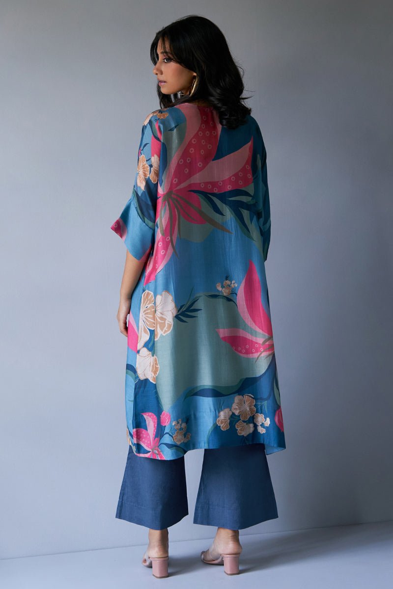 Women's Midnight Blue, Pink and Pistachio Mix Colour Bemberg Silk Printed Co-ord Set
