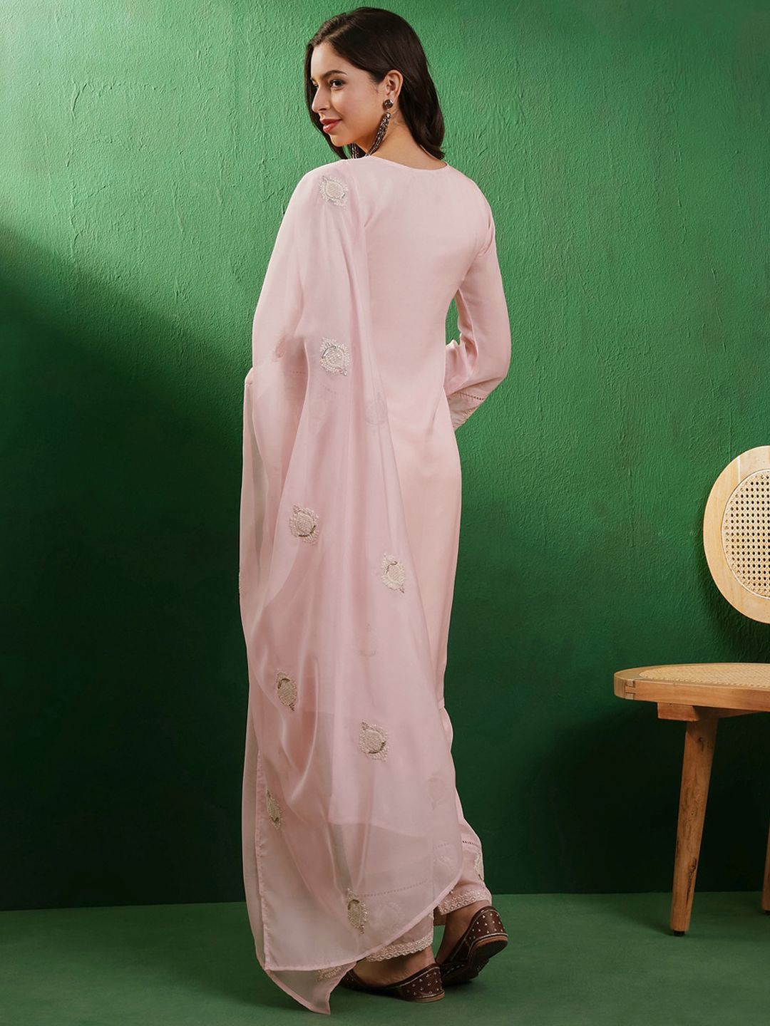 Dhiyona SN Women's Peach & White Floral Embroidered Organza Straight Kurta With Trouser & Dupatta