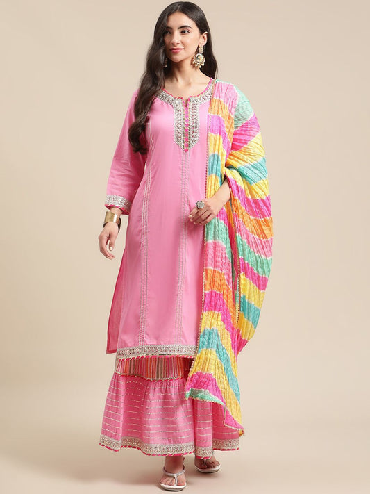 Dhiyona VA Women's Pink Gotta Patti Pure Cotton Kurta with Sharara & Leheriya Dupatta
