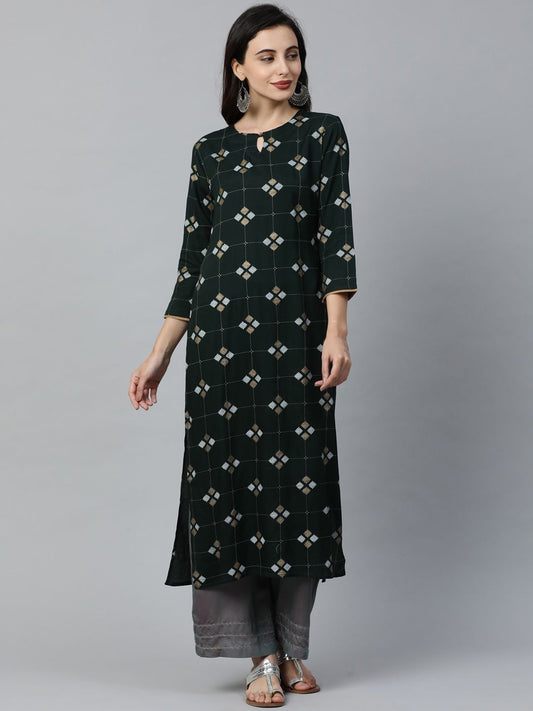 Dhiyona IE Women Green Printed Straight Kurta
