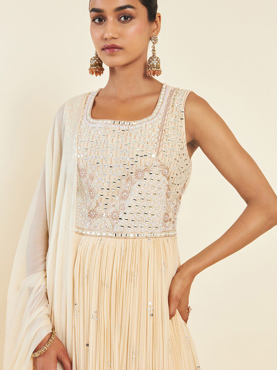 Dhiyona SO Women's Ethnic Motif Embroidered Mirror Work Anarkali Kurta With Churidar & Dupatta
