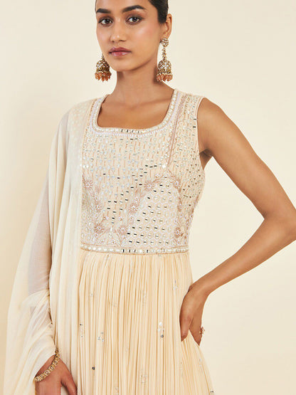 Dhiyona SO Women's Ethnic Motif Embroidered Mirror Work Anarkali Kurta With Churidar & Dupatta