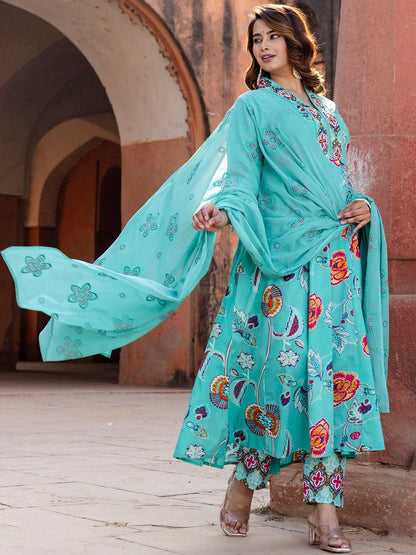 Women Floral Printed Beads and Stones Pure Cotton Kurta with Trousers & Dupatta