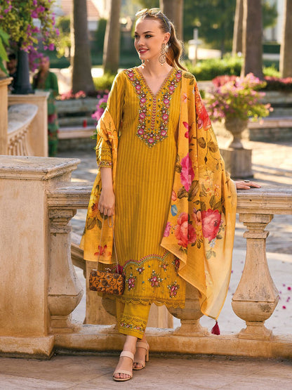 Striped Thread Work Pure Cotton Bell Sleeves Straight Kurta & Trousers & Dupatta