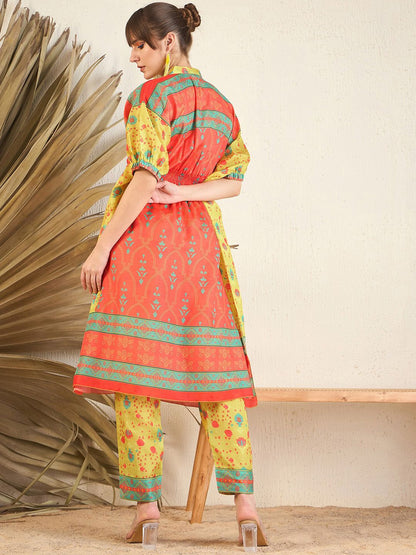 Dhiyona IE Orange Floral Printed Flared Kaftan Kurta with Trouser