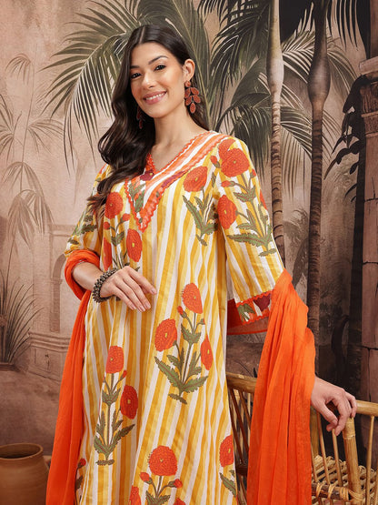 Dhiyona SN Women's Floral Striped Pure Cotton Kurta with Palazzos & Dupatta