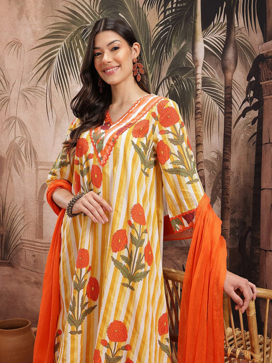 Dhiyona SN Women's Floral Striped Pure Cotton Kurta with Palazzos & Dupatta
