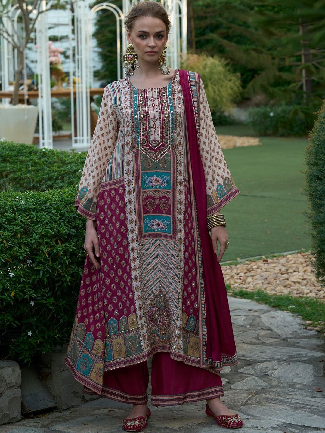 Women Printed Regular Mirror Work Kurta with Palazzos & With Dupatta
