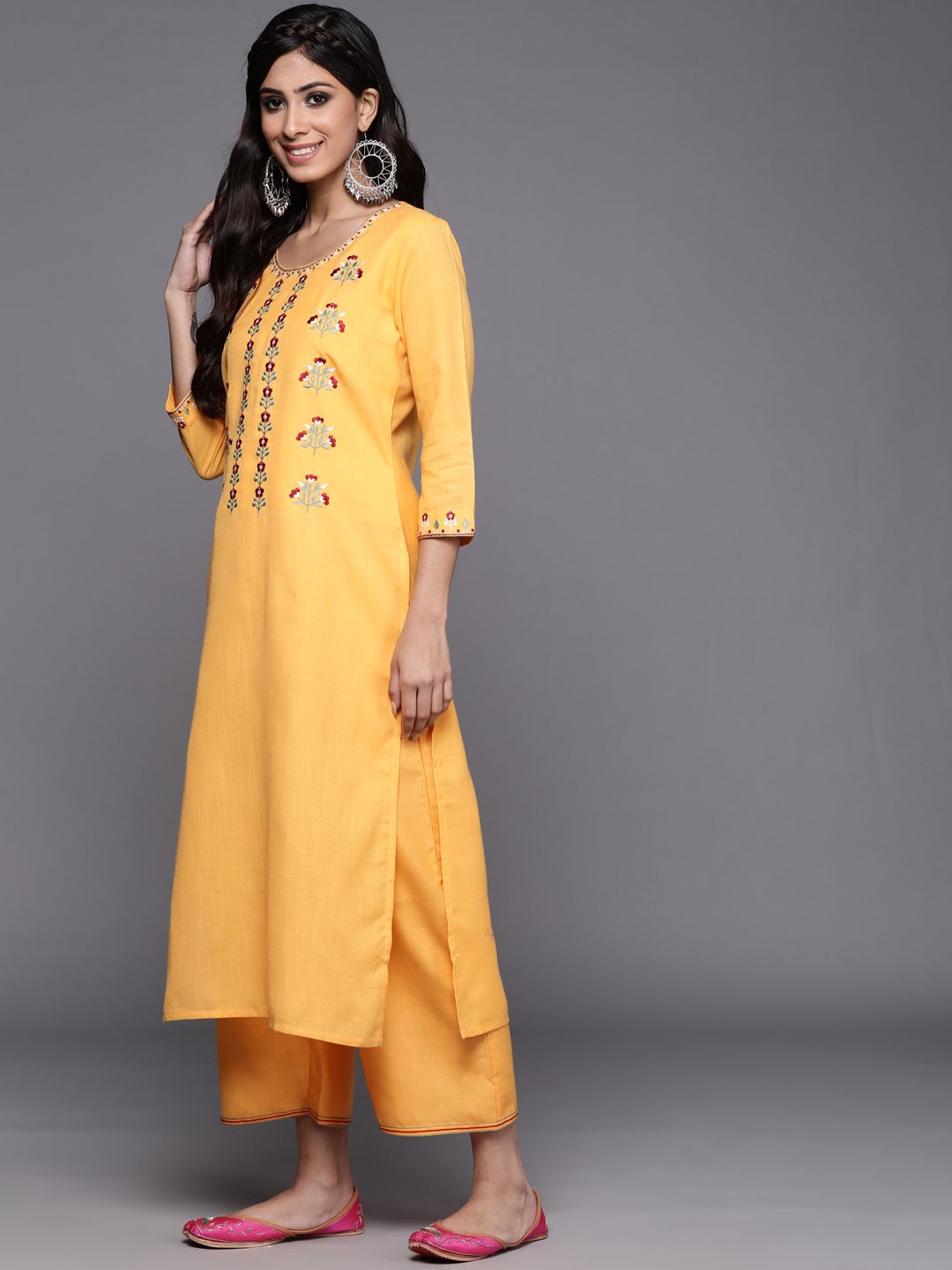 Women Yellow Embroidered Kurta with Palazzos & With Dupatta