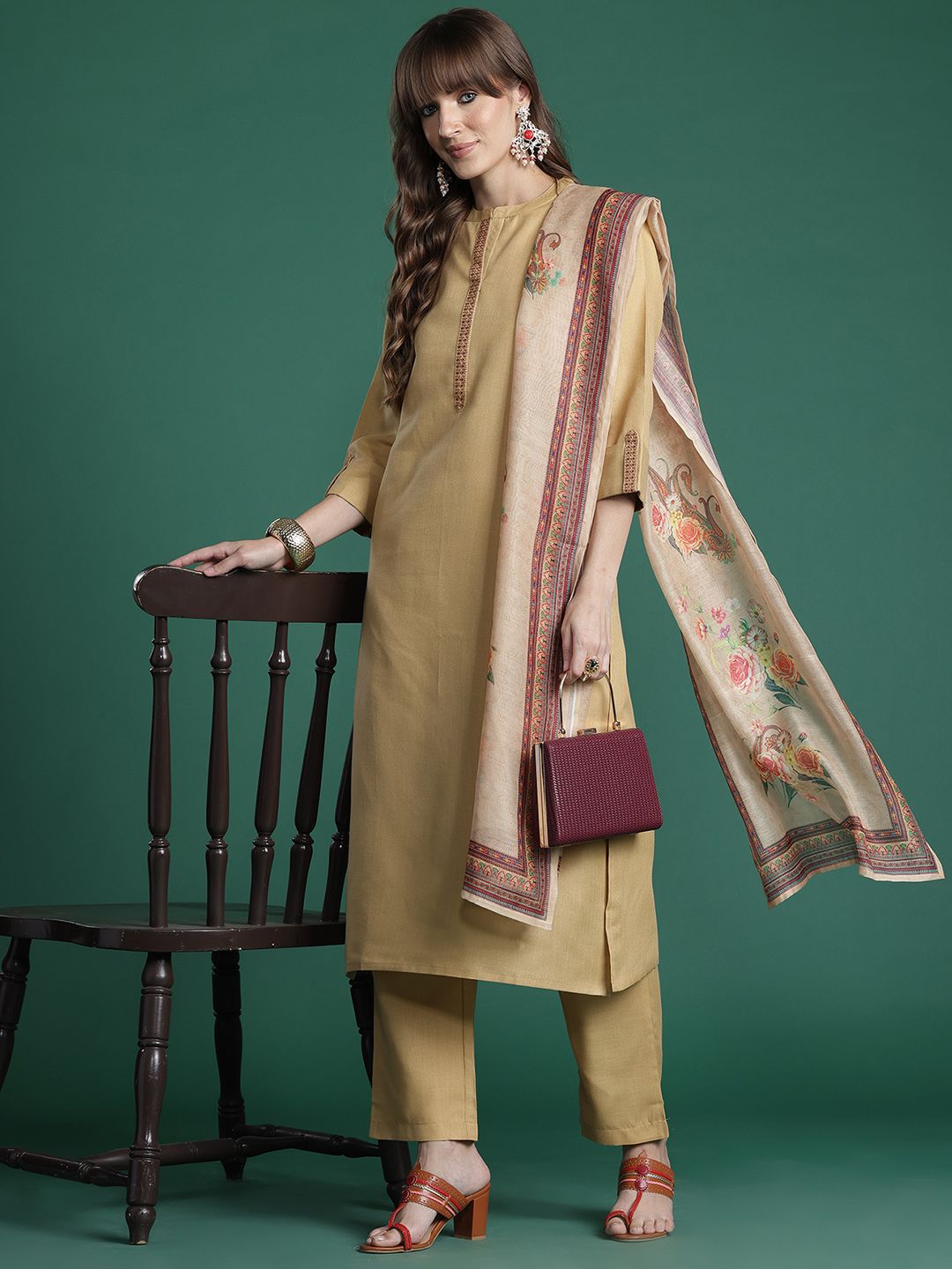 Yoke Design Thread Work Kurta With Trousers & Dupatta