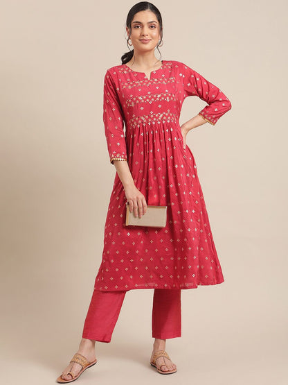 Dhiyona VA Women's Red & Gold-Toned Floral Embroidered Mirror Work Pleated Kurta With Trousers