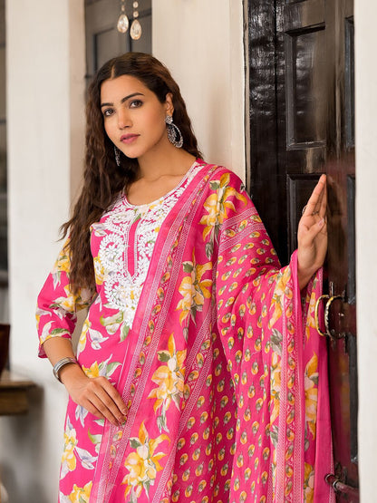 Dhiyona SN Women's Floral Printed Thread Work Straight Kurta With Trousers & Dupatta Set