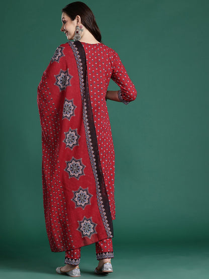 Dhiyona IE Ethnic Motifs Printed Pure Cotton Kurta with Trousers & Dupatta