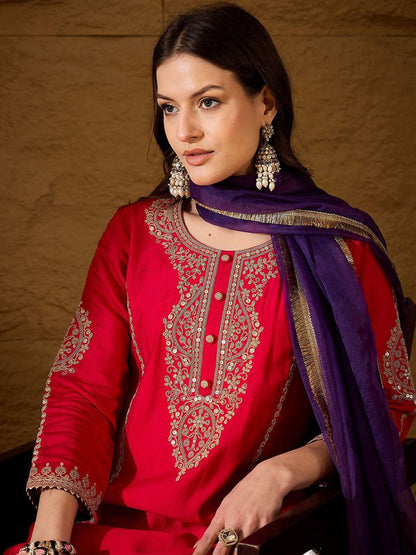 Dhiyona PD Women Embroidered A-Line Kurta & Trousers With Dupatta