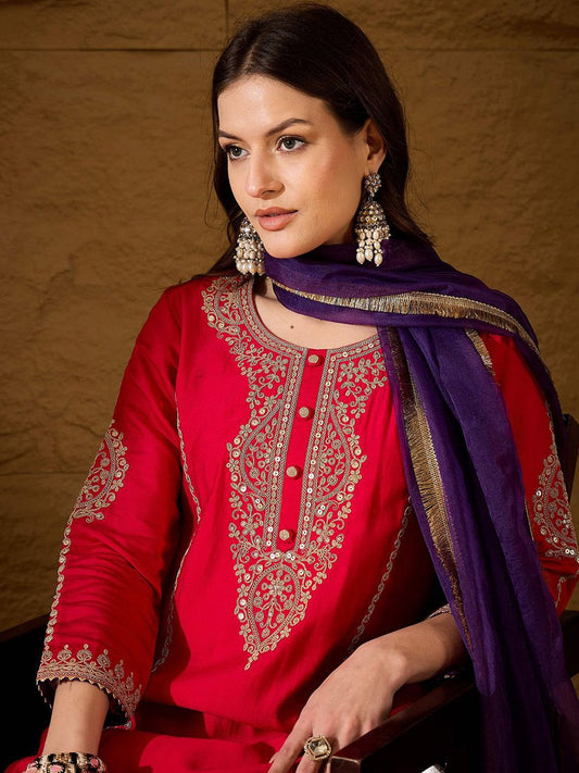 Dhiyona PD Women Embroidered A-Line Kurta & Trousers With Dupatta