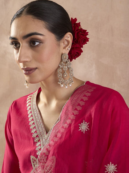 Ethnic Motifs Embroidered V-Neck Thread Work Kurta With Trousers & Dupatta