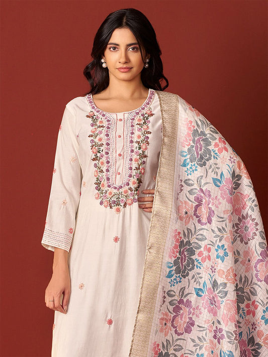 Women Floral Embroidered Regular Thread Work Kurta with Trousers & With Dupatta