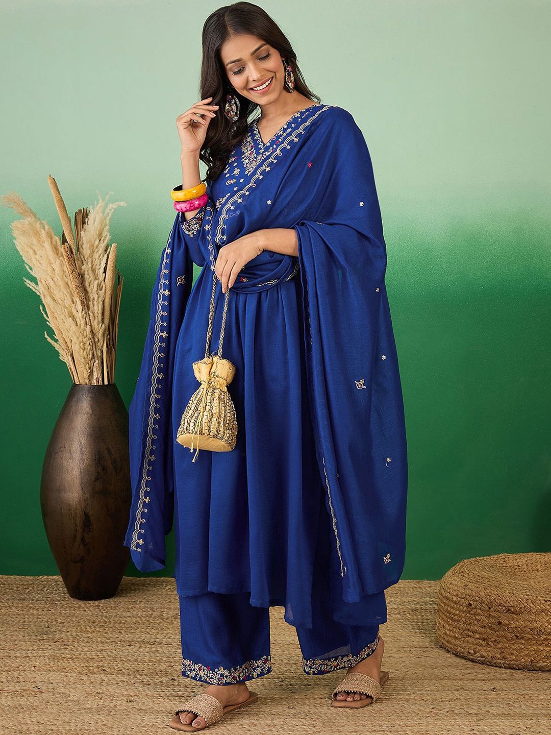 Dhiyona SN Women's Floral Embroidered A-Line Kurta With Palazzo & Dupatta