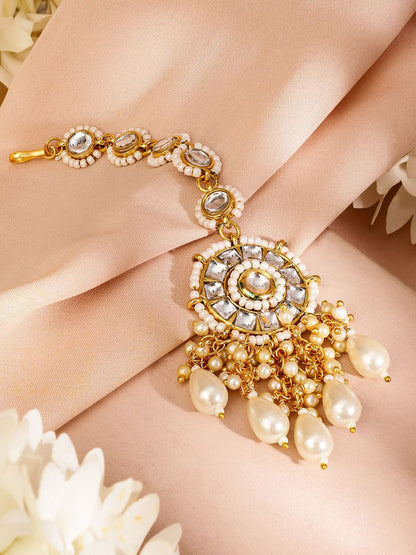 Dhiyona RJ Women's 18K Gold-Plated Kundan & Pearl Beaded Maang Tikka Head Jewellery