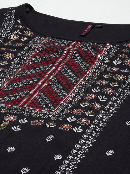 Dhiyona IS Women's Women Black Floral Embroidered Regular Kurta with Palazzos & With Dupatta