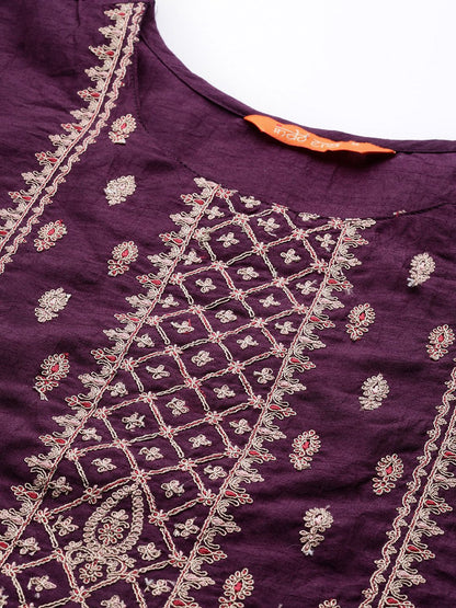Dhiyona IE Women Purple & Cream Embroidered Gotta Patti Kurta with Trousers & Dupatta
