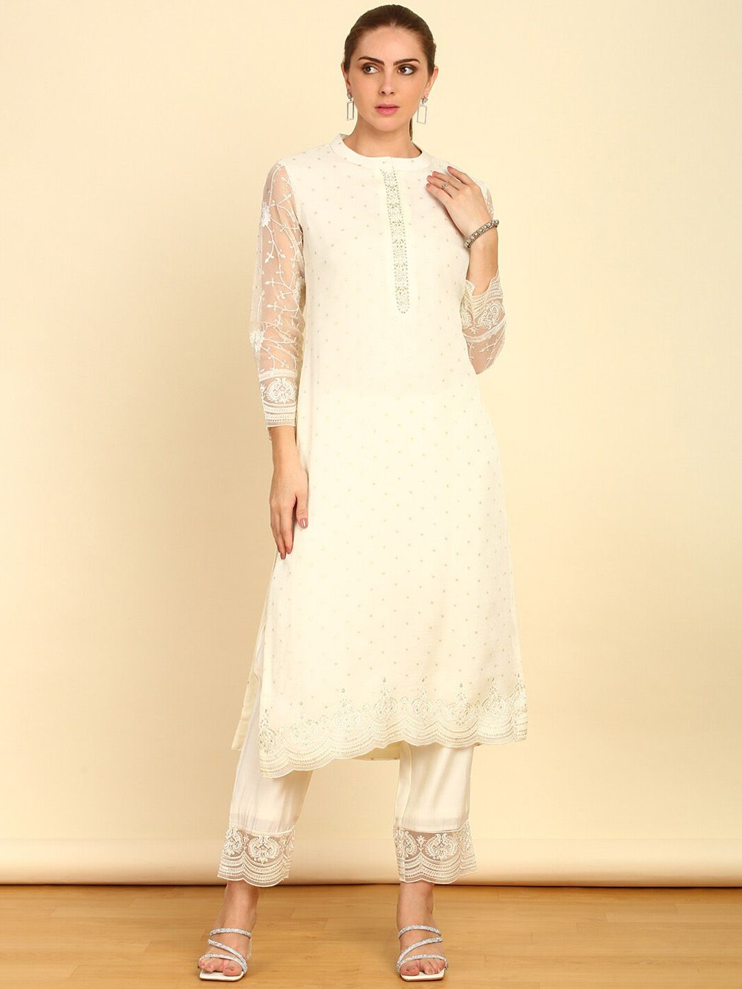 Dhiyona SO Women's Floral Embroidered Sequinned Mandarin Collar Straight Kurta With Trousers & Dupatta