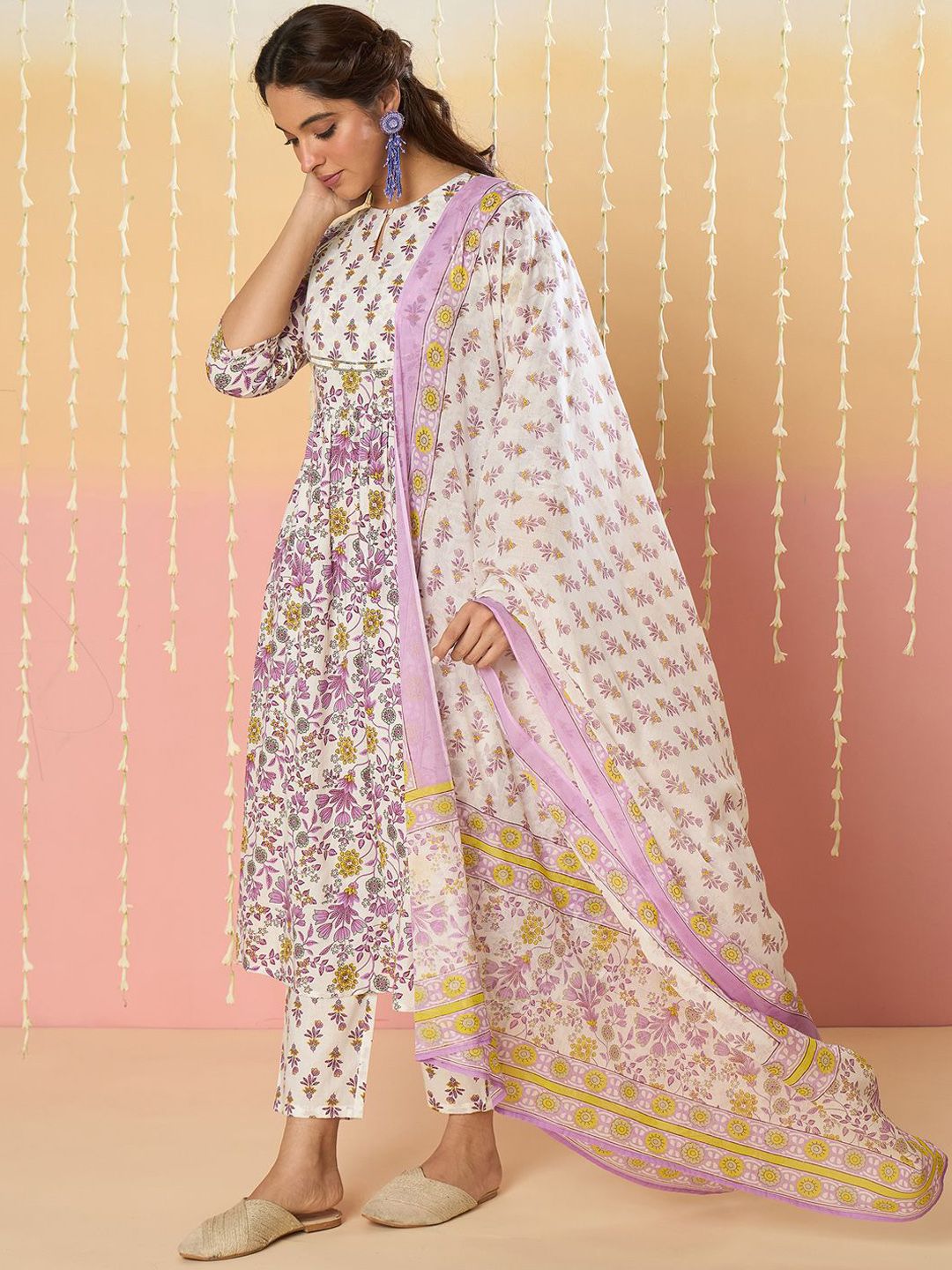 Dhiyona IE Floral Printed Key Hole Neck Pure Cotton Kurta With Trousers & Dupatta