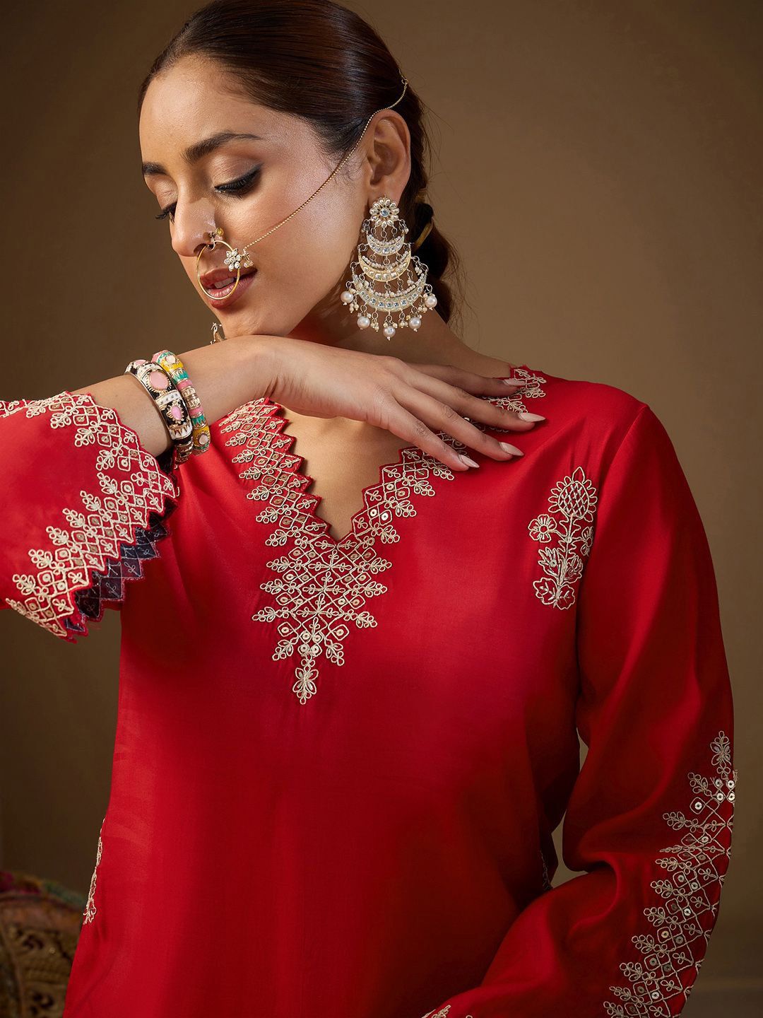 Women Ethnic Motifs Embroidered Regular Sequinned Kurta with Trousers