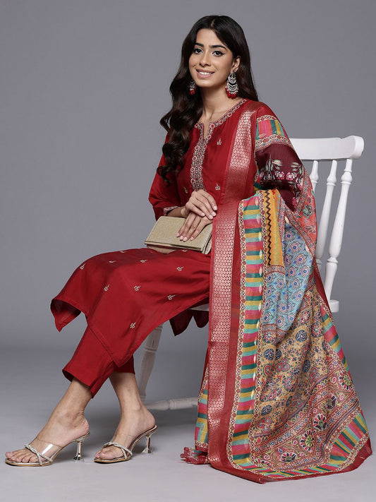 Dhiyona VA Women'sEthnic Motifs Zari Embroidered Mirror Work Kurta With Trousers & Dupatta