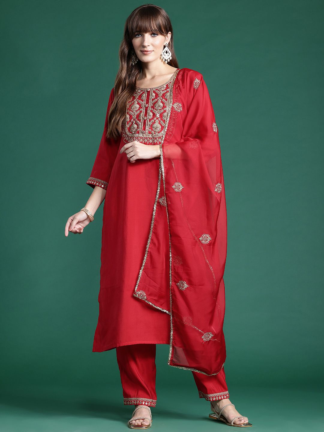 Dhiyona IE Ethnic Motifs Embroidered Liva Kurta With Trousers & Dupatta